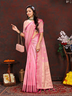 Lorenvalley Fashion Pink Soft Katan Silk Woven Design Zari Weaving Pallu Saree | Grocsy