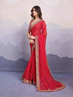 Red Georgette Bandhani Printed,Embroidery Work Saree - Surkhi | Grocsy