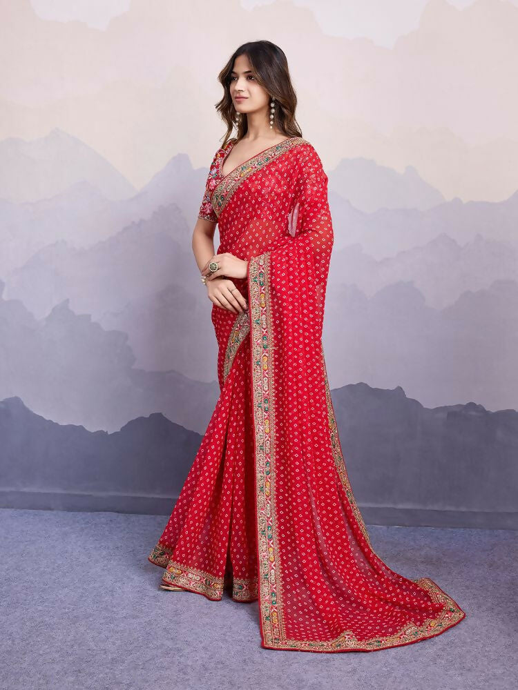 Red Georgette Bandhani Printed,Embroidery Work Saree - Surkhi | Grocsy