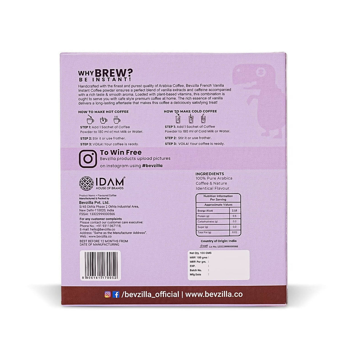 Bevzilla Instant Coffee Powder Sachets (French Vanilla) | Grocsy