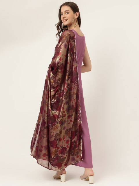FIORRA Women's Lavender Poly Crepe Flared Kurta With Dupatta | Grocsy