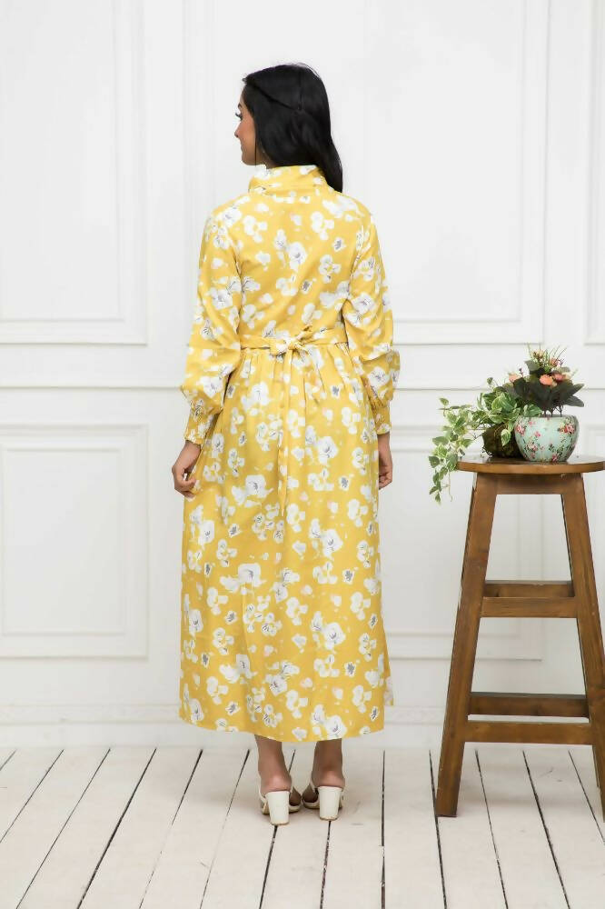 Myshka Women Yellow-Floral Rayon A-Line Shirt Collar Dress | Grocsy