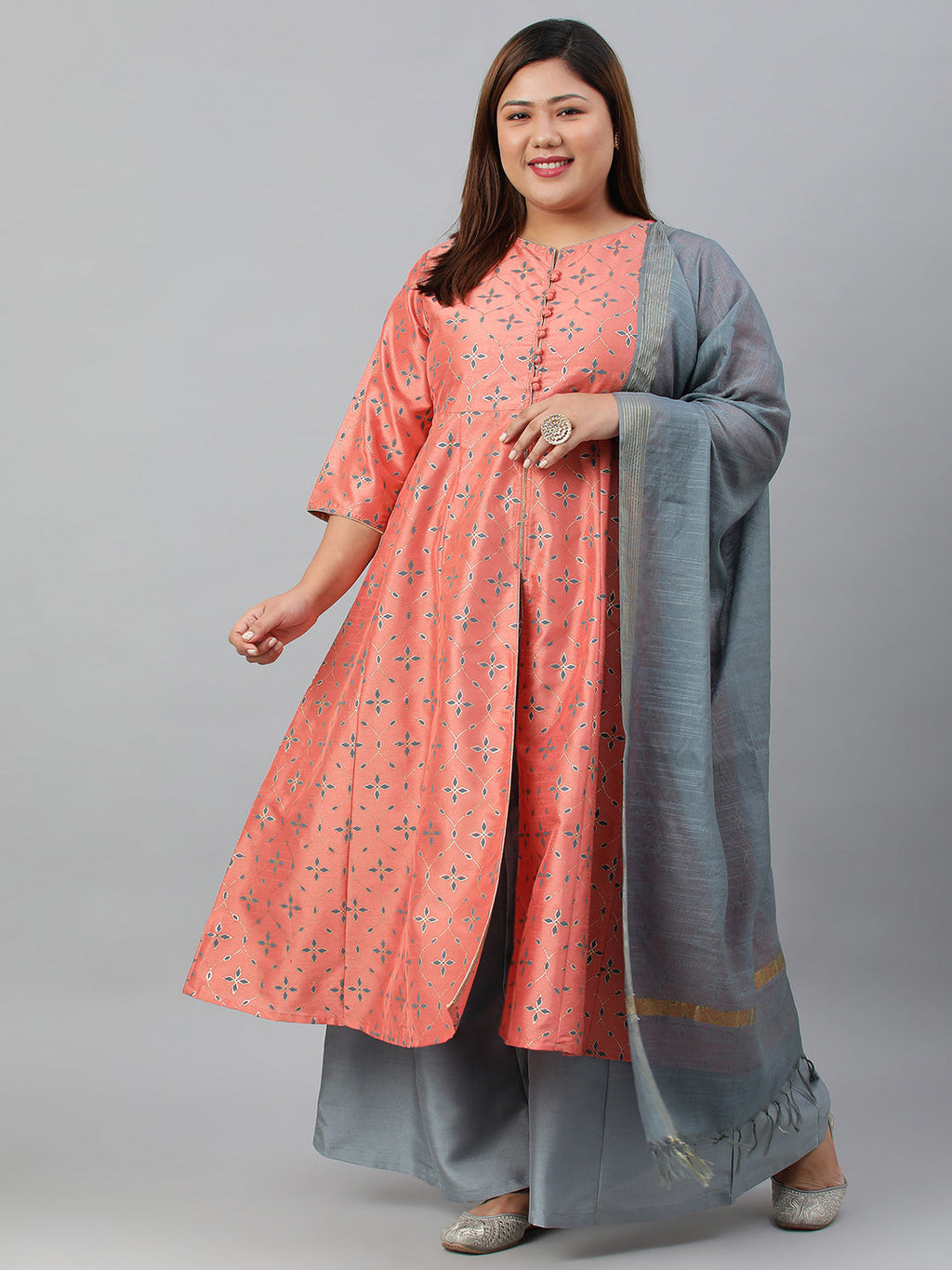 Janasya XL LOVE by Janasya Women's Plus Size Peach Poly Silk Kurta With Palazzo and Dupatta | Grocsy