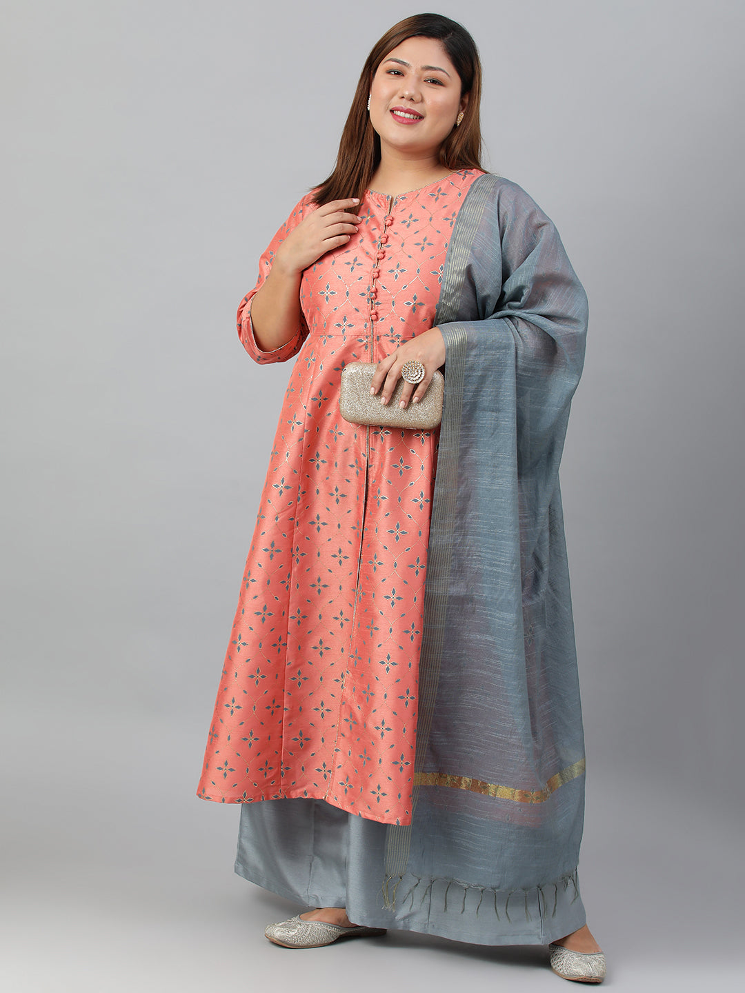 Janasya XL LOVE by Janasya Women's Plus Size Peach Poly Silk Kurta With Palazzo and Dupatta | Grocsy