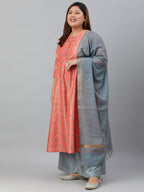 Janasya XL LOVE by Janasya Women's Plus Size Peach Poly Silk Kurta With Palazzo and Dupatta | Grocsy