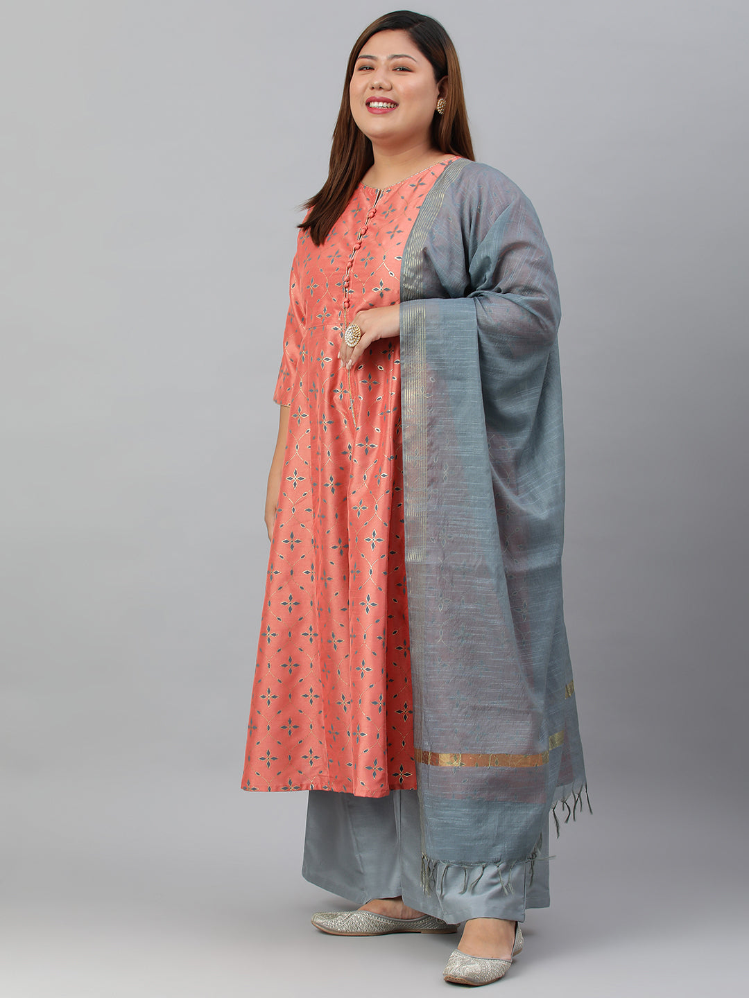 Janasya XL LOVE by Janasya Women's Plus Size Peach Poly Silk Kurta With Palazzo and Dupatta | Grocsy