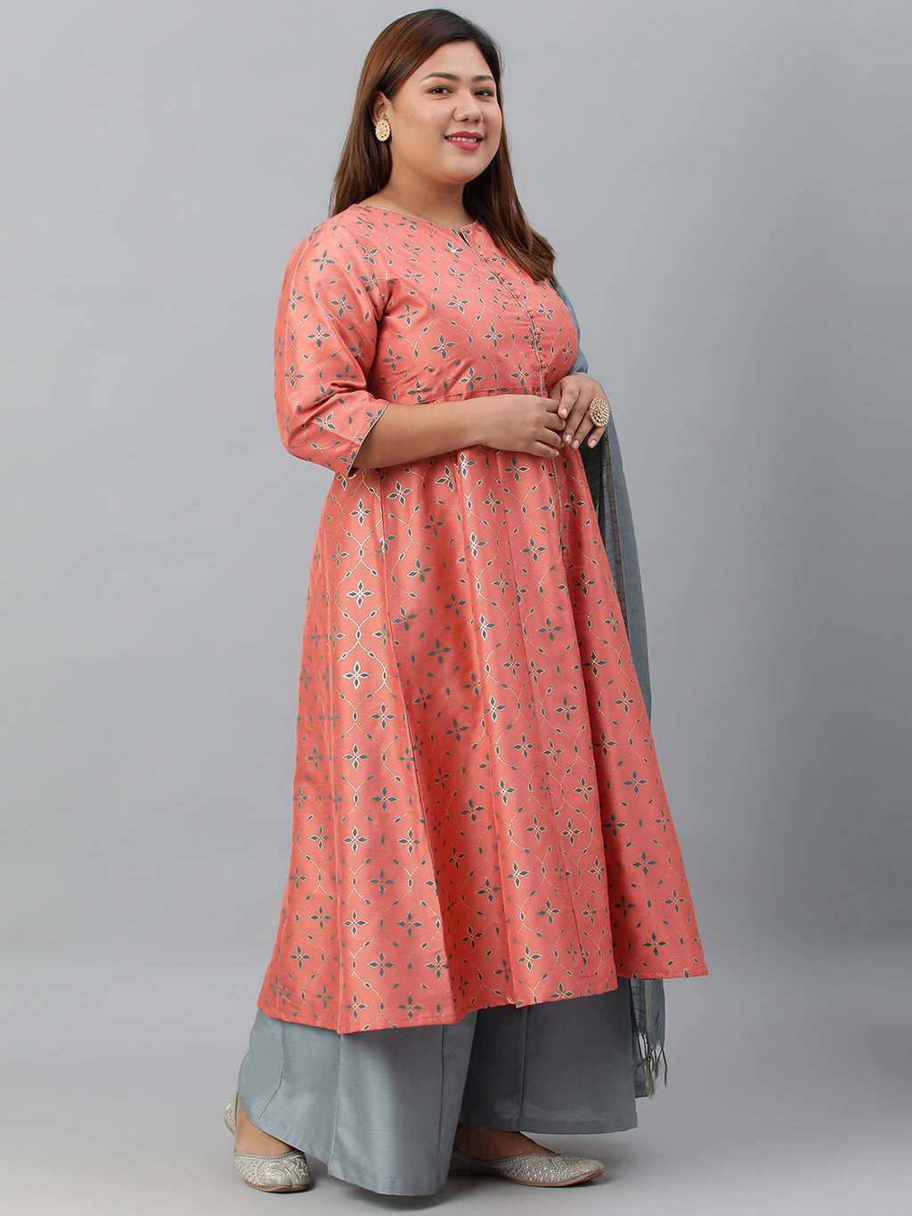 Janasya XL LOVE by Janasya Women's Plus Size Peach Poly Silk Kurta With Palazzo and Dupatta | Grocsy