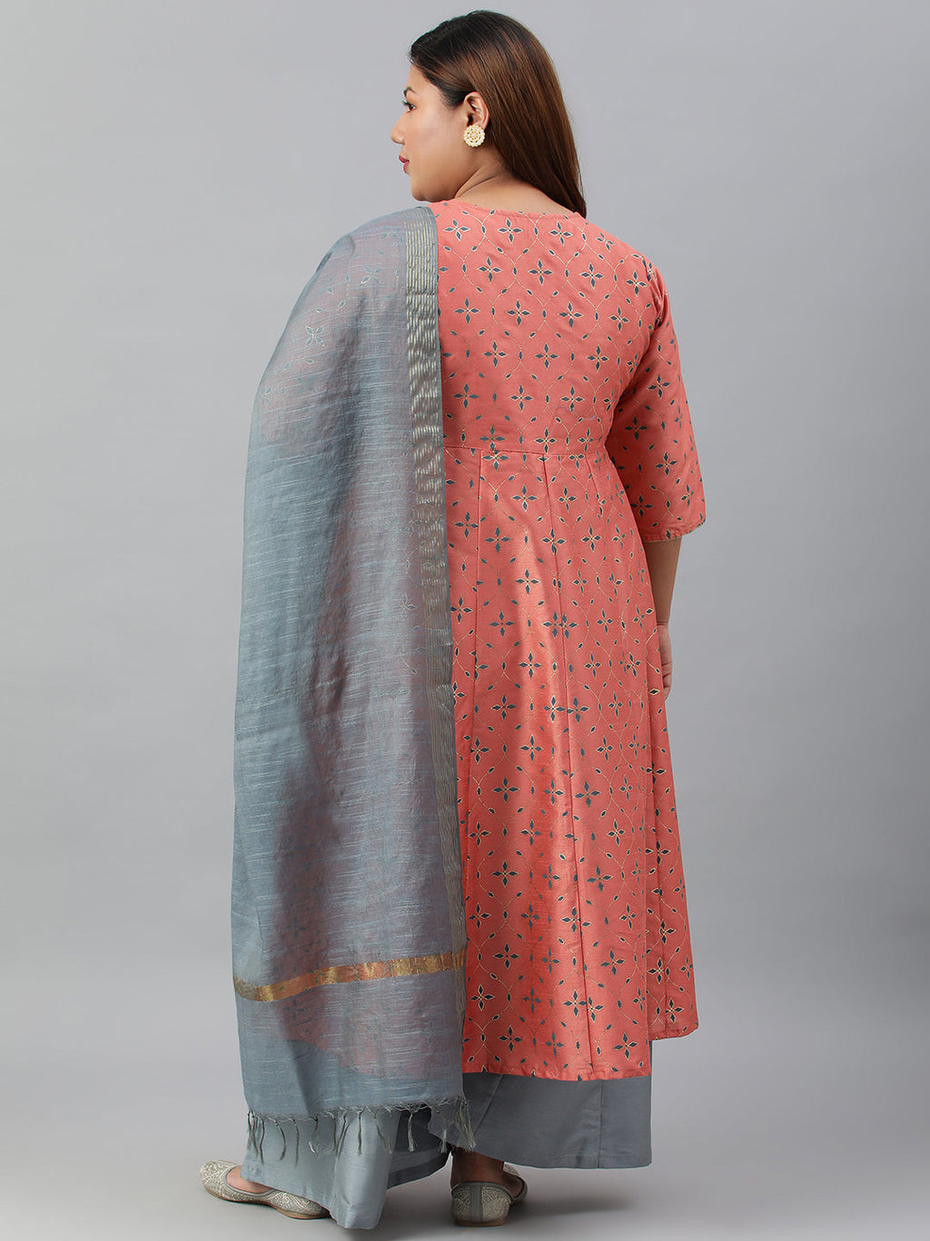 Janasya XL LOVE by Janasya Women's Plus Size Peach Poly Silk Kurta With Palazzo and Dupatta | Grocsy