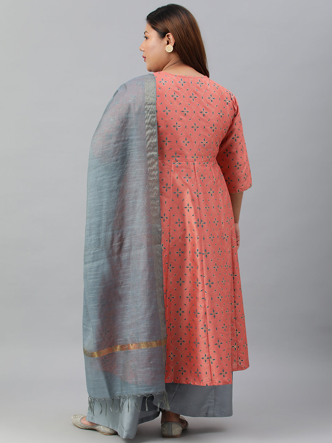 Janasya XL LOVE by Janasya Women's Plus Size Peach Poly Silk Kurta With Palazzo and Dupatta | Grocsy
