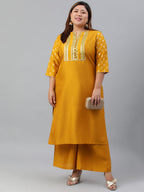 Janasya Women's Mustard Poly Silk Straight Party Kurta Set | Grocsy