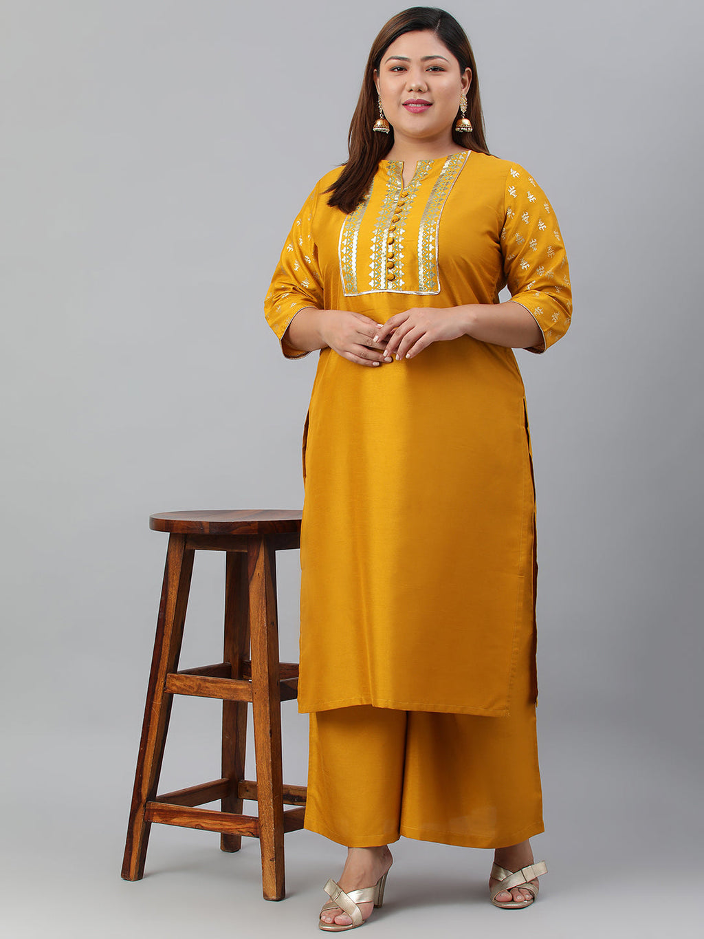Janasya Women's Mustard Poly Silk Straight Party Kurta Set | Grocsy