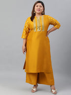 Janasya Women's Mustard Poly Silk Straight Party Kurta Set | Grocsy
