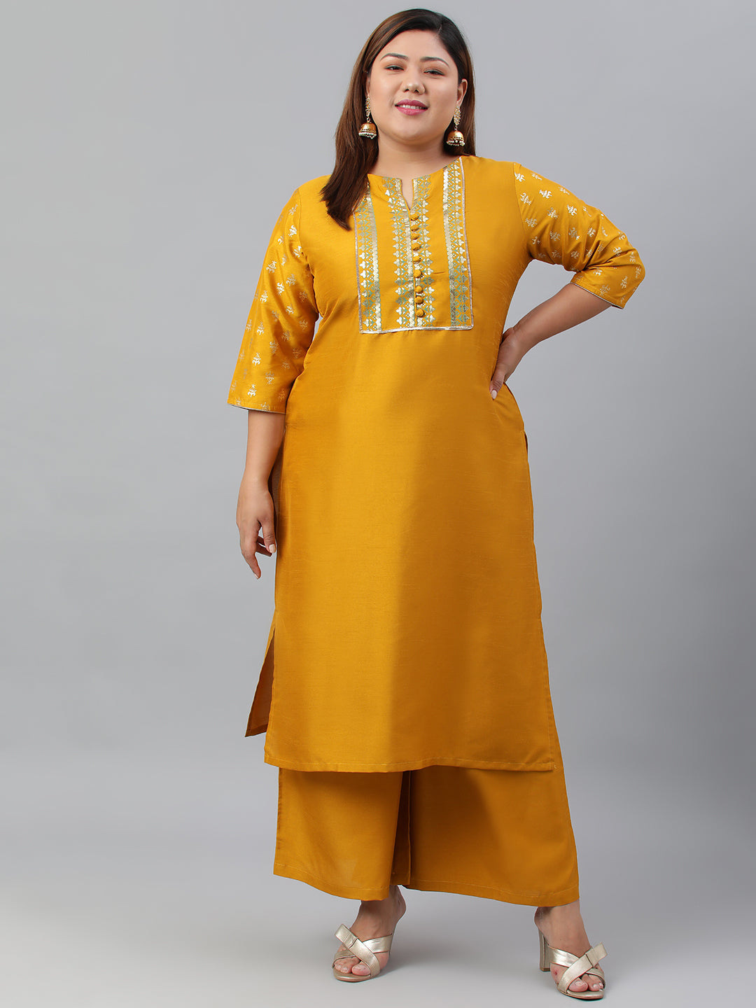 Janasya Women's Mustard Poly Silk Straight Party Kurta Set | Grocsy
