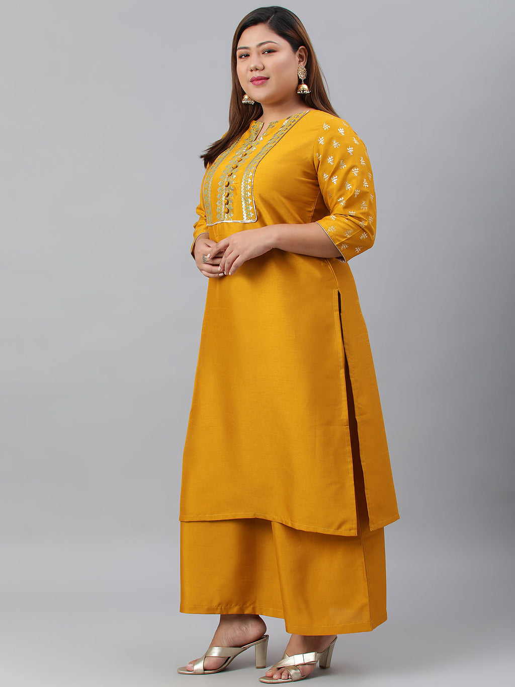 Janasya Women's Mustard Poly Silk Straight Party Kurta Set | Grocsy