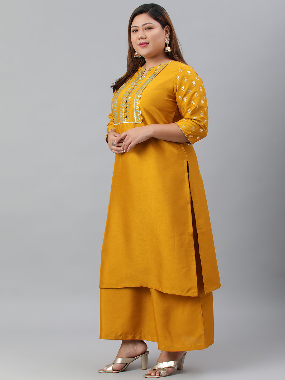 Janasya Women's Mustard Poly Silk Straight Party Kurta Set | Grocsy