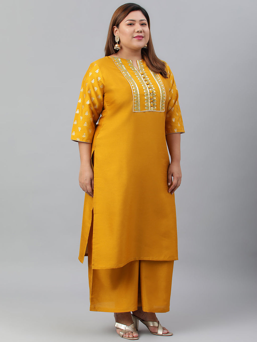 Janasya Women's Mustard Poly Silk Straight Party Kurta Set | Grocsy