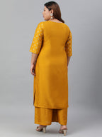 Janasya Women's Mustard Poly Silk Straight Party Kurta Set | Grocsy