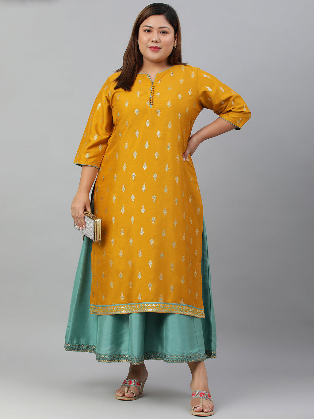 Janasya Women's Mustard Poly Silk Foil Print A-line Dress | Grocsy