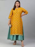 Janasya Women's Mustard Poly Silk Foil Print A-line Dress | Grocsy