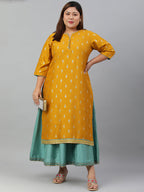 Janasya Women's Mustard Poly Silk Foil Print A-line Dress | Grocsy