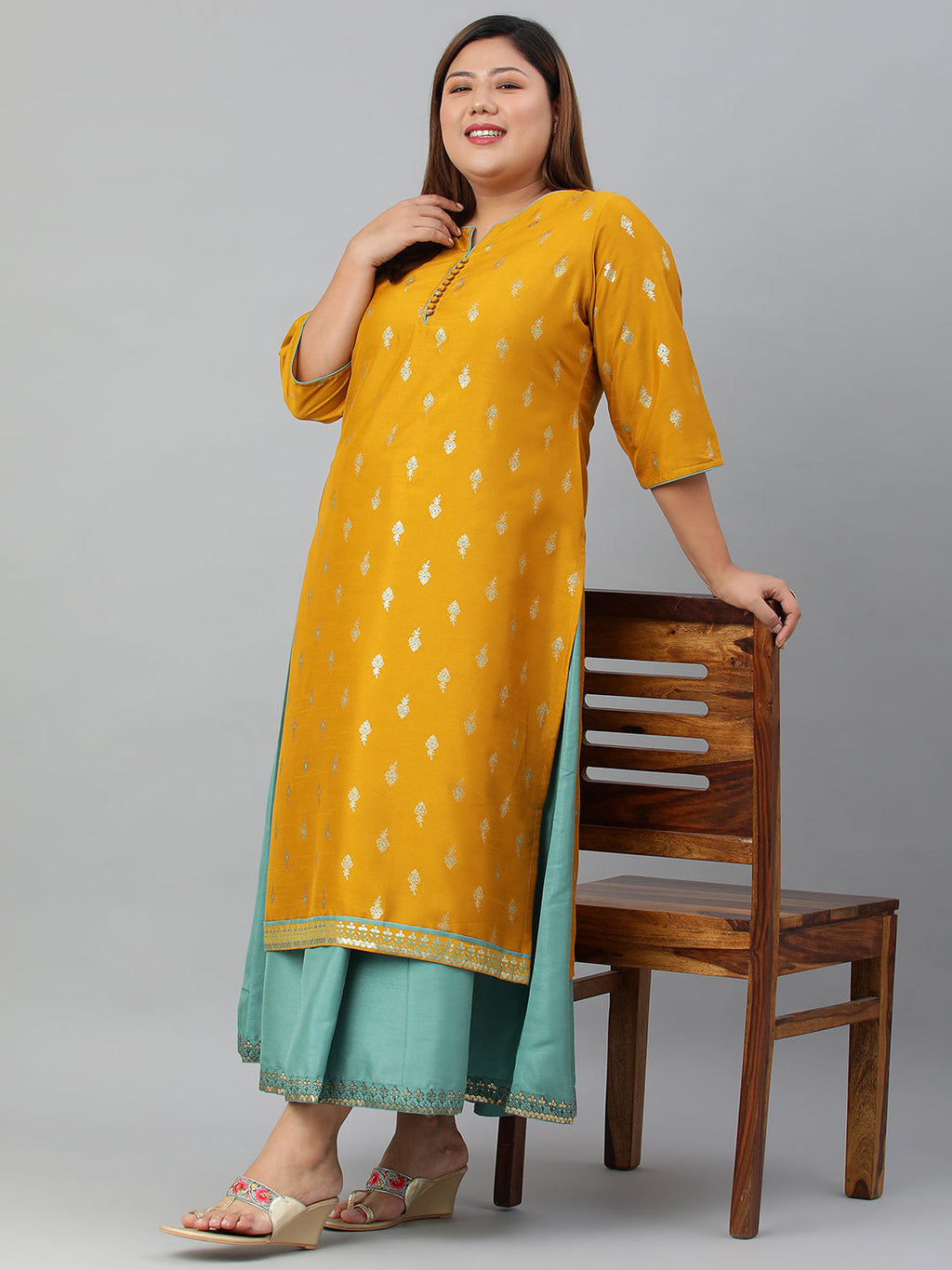 Janasya Women's Mustard Poly Silk Foil Print A-line Dress | Grocsy