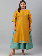 Janasya Women's Mustard Poly Silk Foil Print A-line Dress | Grocsy