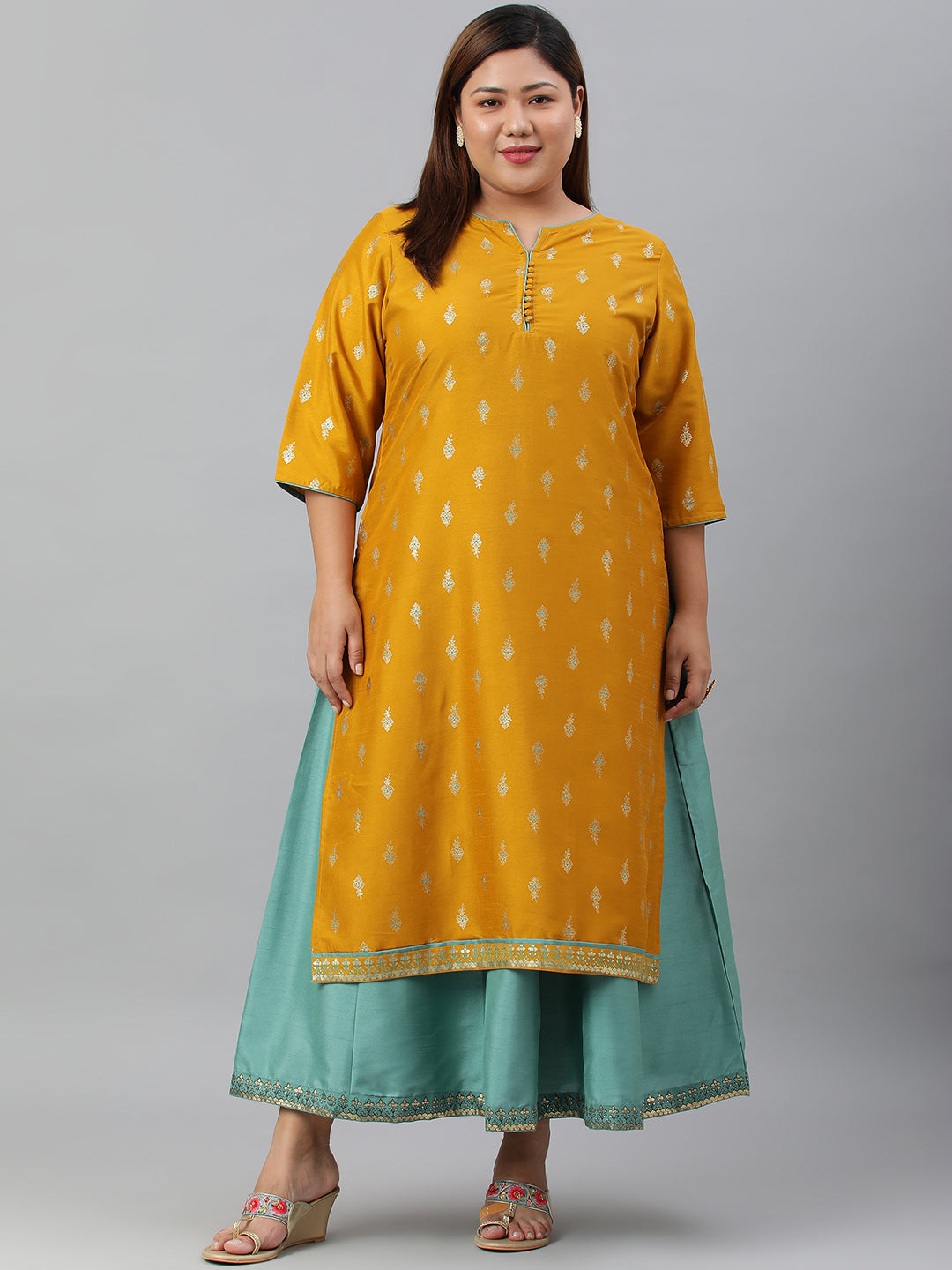 Janasya Women's Mustard Poly Silk Foil Print A-line Dress | Grocsy