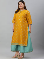Janasya Women's Mustard Poly Silk Foil Print A-line Dress | Grocsy