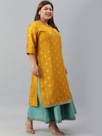 Janasya Women's Mustard Poly Silk Foil Print A-line Dress | Grocsy