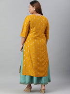 Janasya Women's Mustard Poly Silk Foil Print A-line Dress | Grocsy