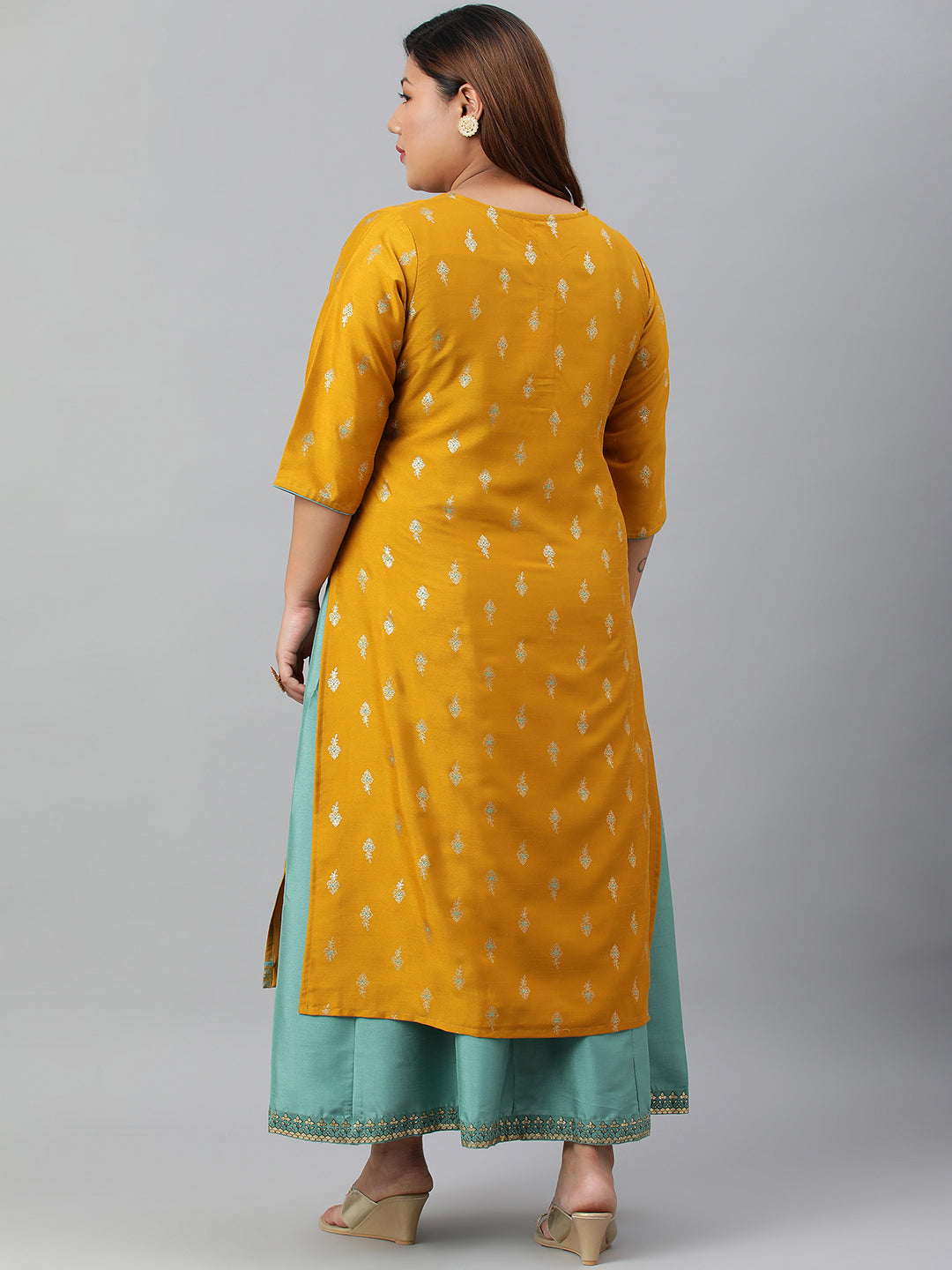 Janasya Women's Mustard Poly Silk Foil Print A-line Dress | Grocsy