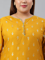 Janasya Women's Mustard Poly Silk Foil Print A-line Dress | Grocsy