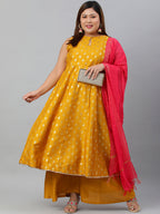 Janasya XL LOVE by Janasya Women's Plus Size Mustard Poly Silk Kurti With Palazzo and Dupatta | Grocsy
