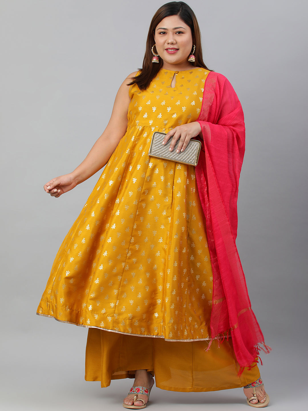 Janasya XL LOVE by Janasya Women's Plus Size Mustard Poly Silk Kurti With Palazzo and Dupatta | Grocsy