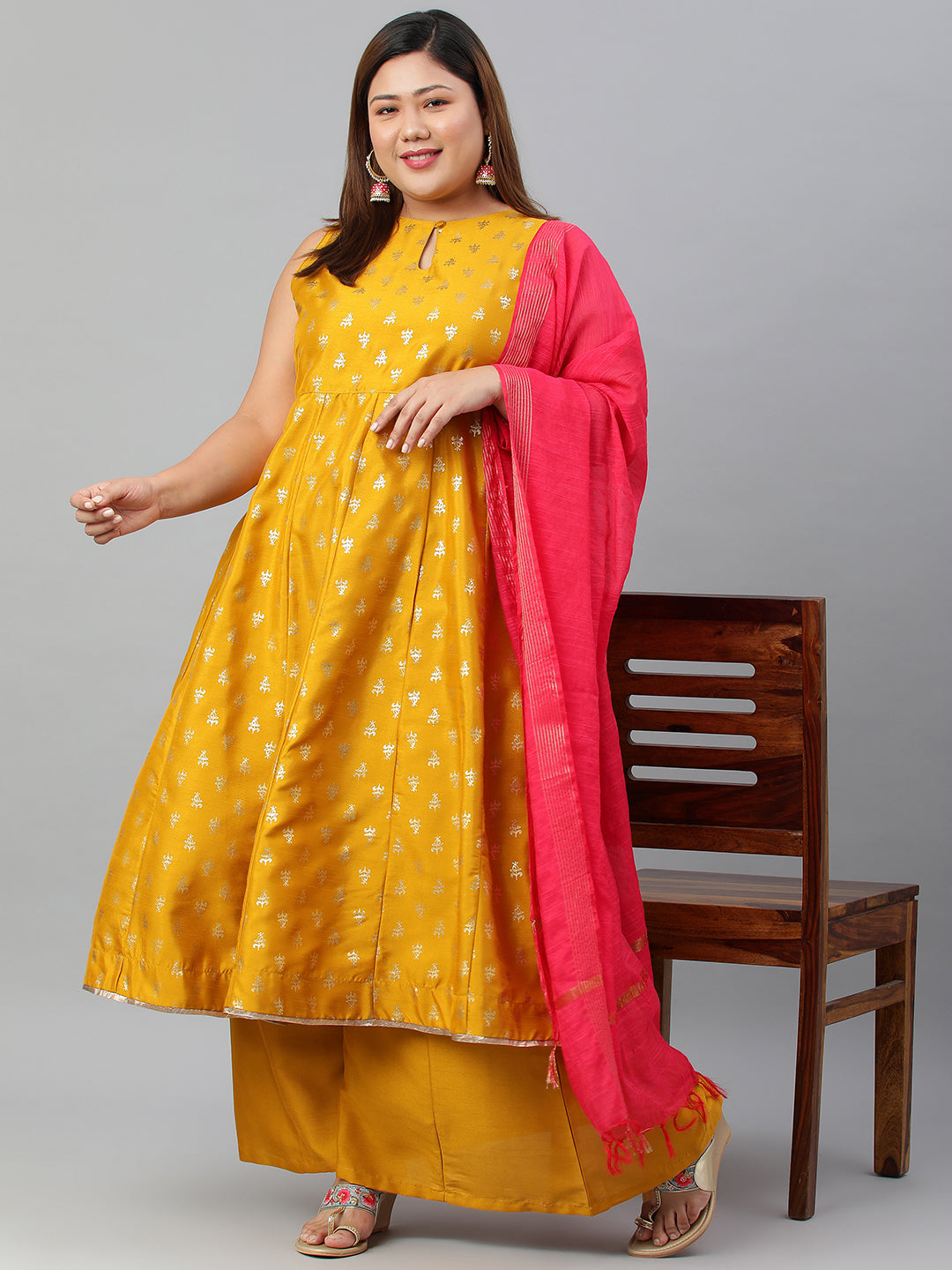 Janasya XL LOVE by Janasya Women's Plus Size Mustard Poly Silk Kurti With Palazzo and Dupatta | Grocsy