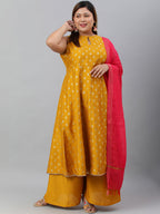 Janasya XL LOVE by Janasya Women's Plus Size Mustard Poly Silk Kurti With Palazzo and Dupatta | Grocsy