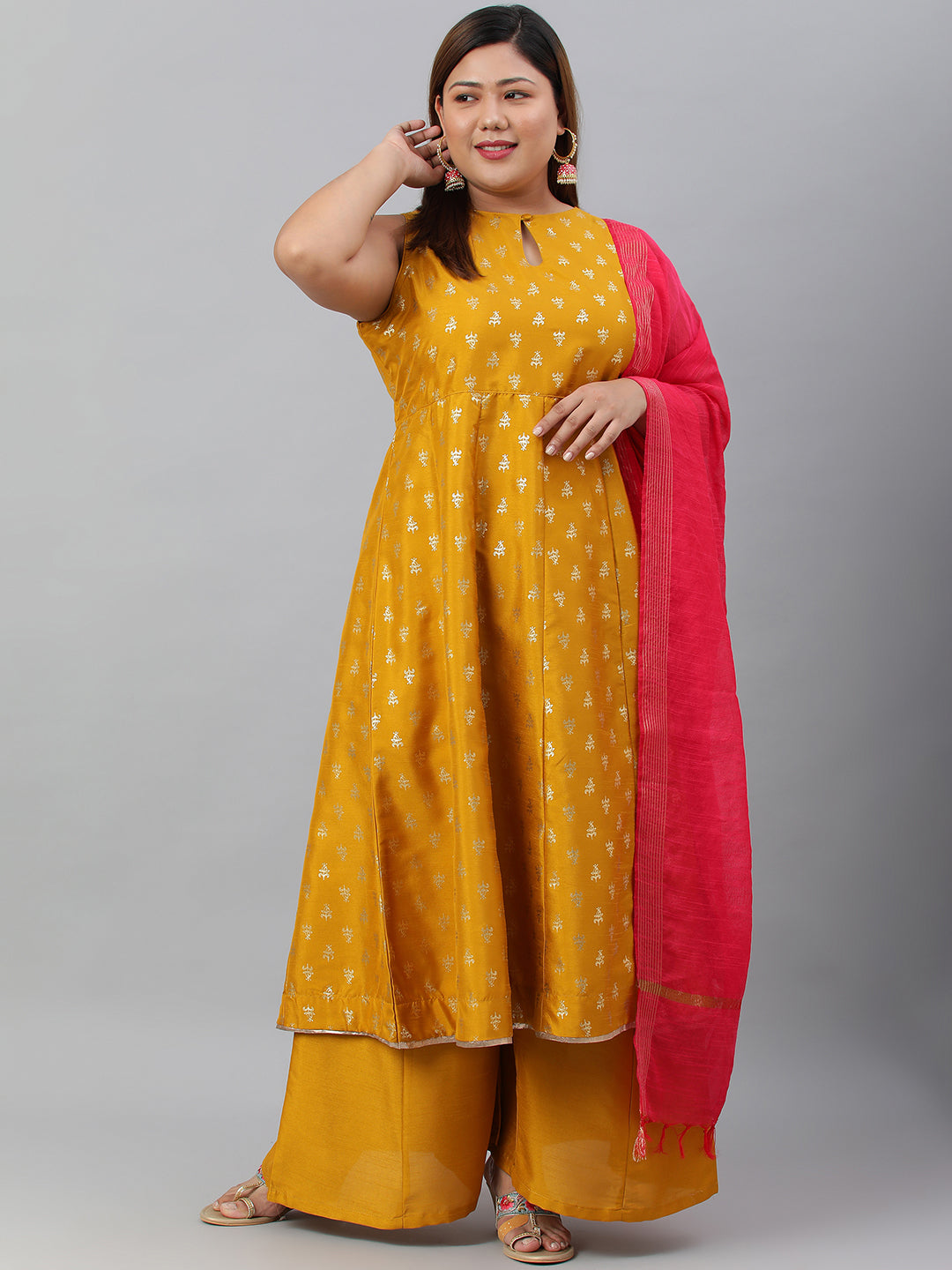 Janasya XL LOVE by Janasya Women's Plus Size Mustard Poly Silk Kurti With Palazzo and Dupatta | Grocsy