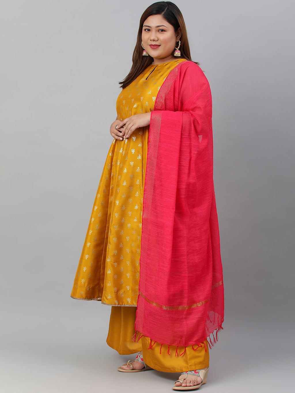 Janasya XL LOVE by Janasya Women's Plus Size Mustard Poly Silk Kurti With Palazzo and Dupatta | Grocsy