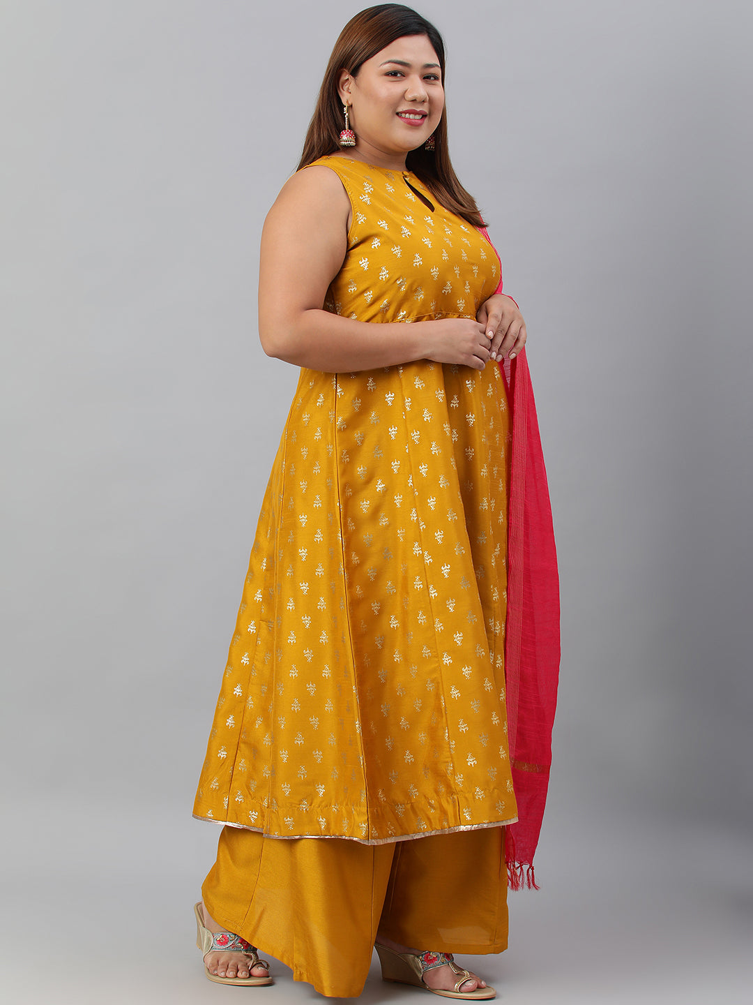 Janasya XL LOVE by Janasya Women's Plus Size Mustard Poly Silk Kurti With Palazzo and Dupatta | Grocsy