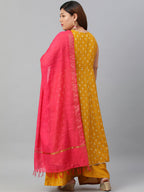 Janasya XL LOVE by Janasya Women's Plus Size Mustard Poly Silk Kurti With Palazzo and Dupatta | Grocsy