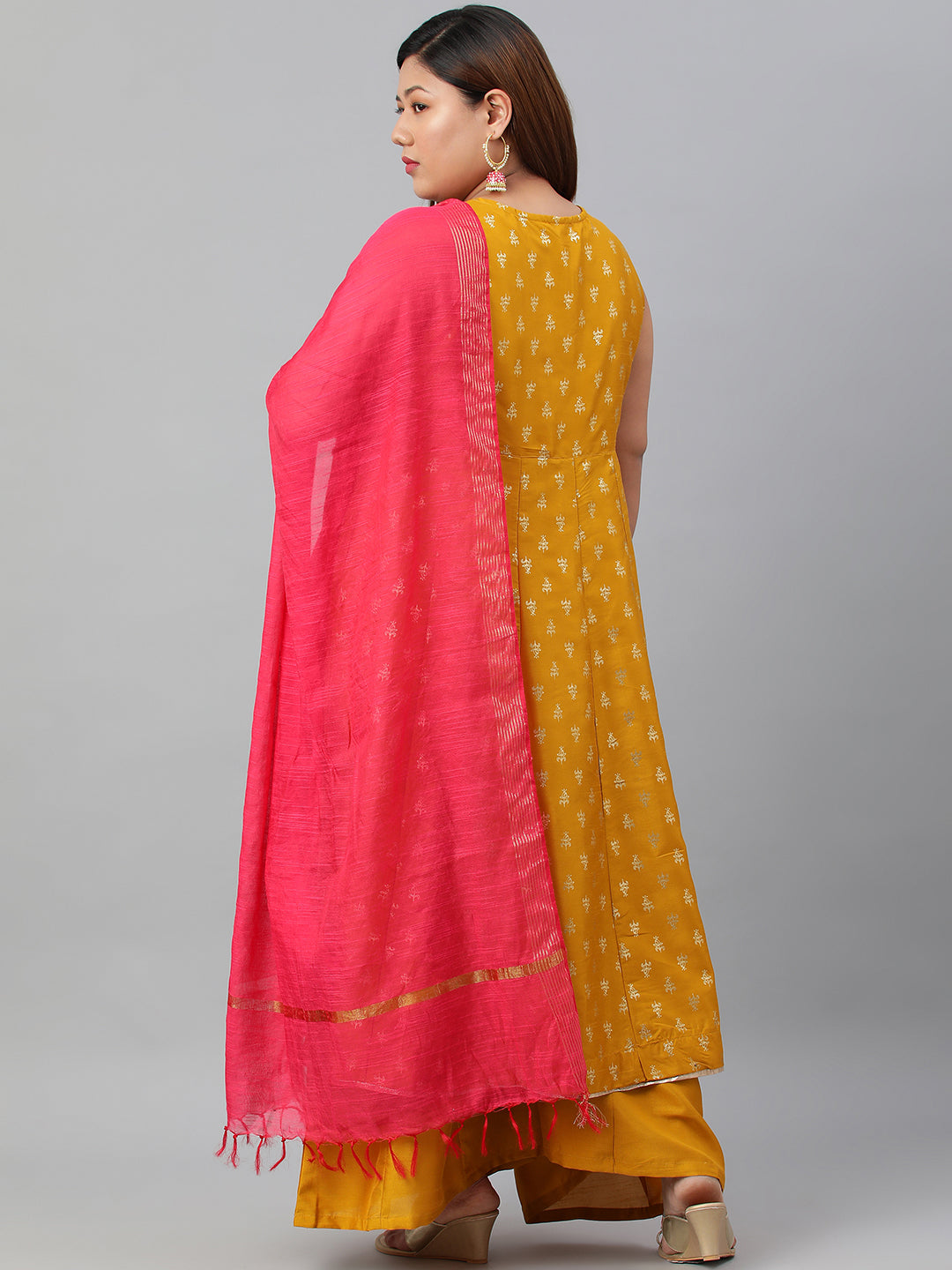 Janasya XL LOVE by Janasya Women's Plus Size Mustard Poly Silk Kurti With Palazzo and Dupatta | Grocsy