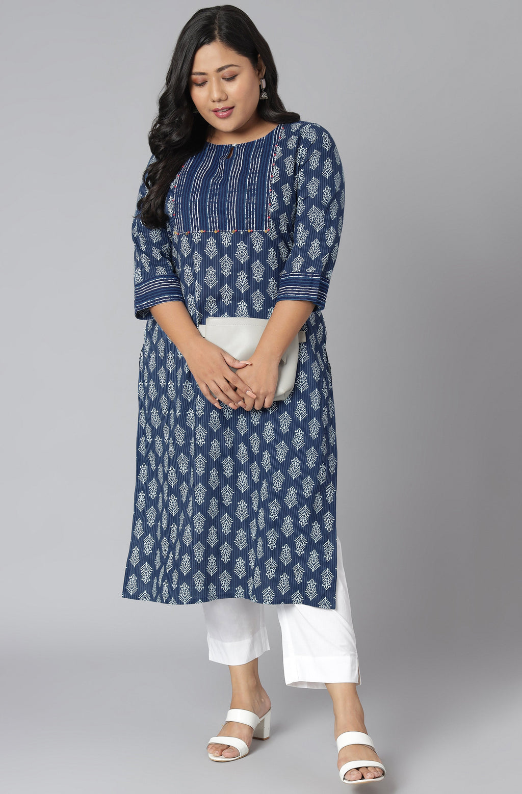 Janasya Women's Blue Cotton Block Print Casual Straight Kurta | Grocsy