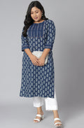 Janasya Women's Blue Cotton Block Print Casual Straight Kurta | Grocsy