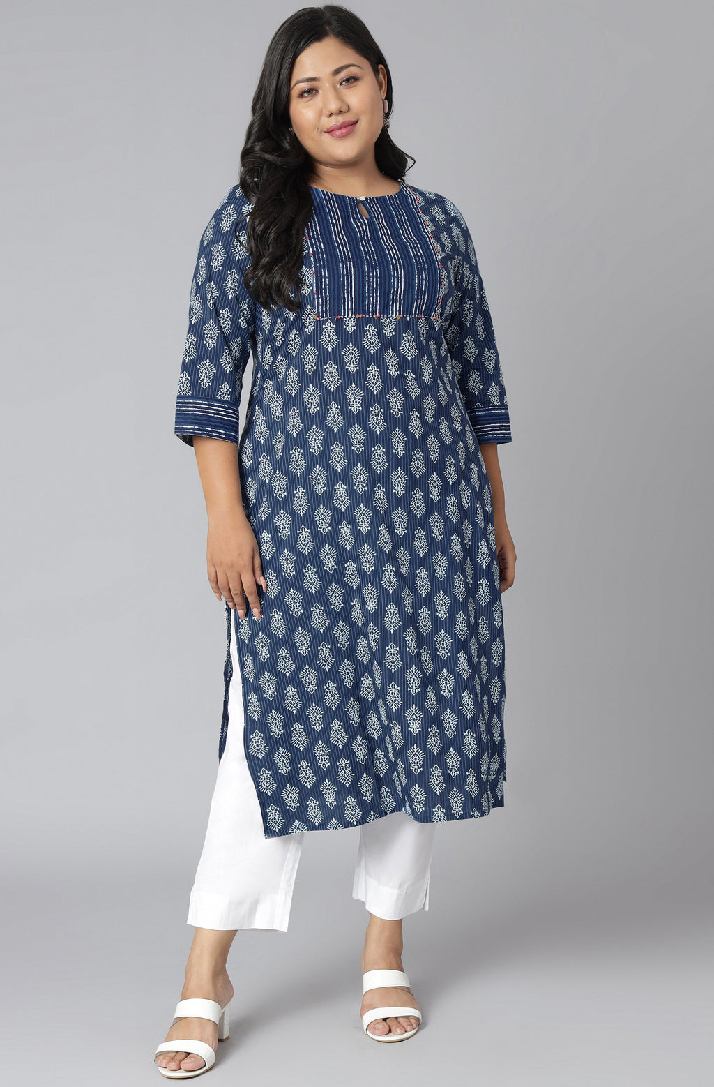 Janasya Women's Blue Cotton Block Print Casual Straight Kurta | Grocsy