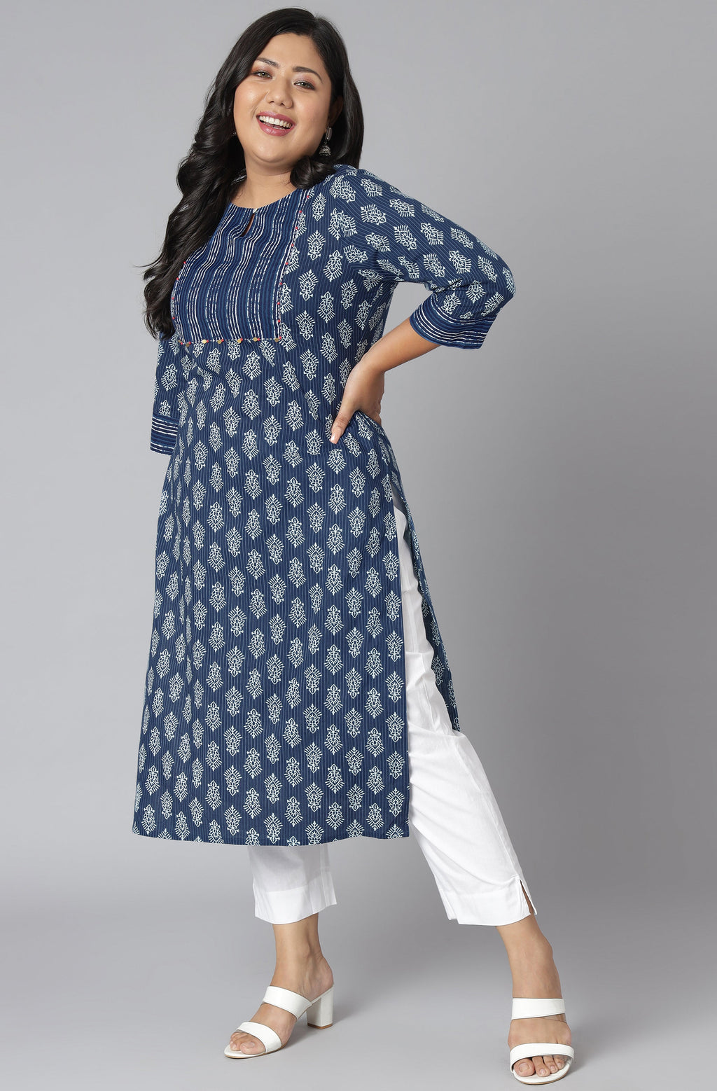 Janasya Women's Blue Cotton Block Print Casual Straight Kurta | Grocsy