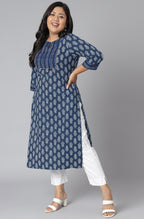 Janasya Women's Blue Cotton Block Print Casual Straight Kurta | Grocsy