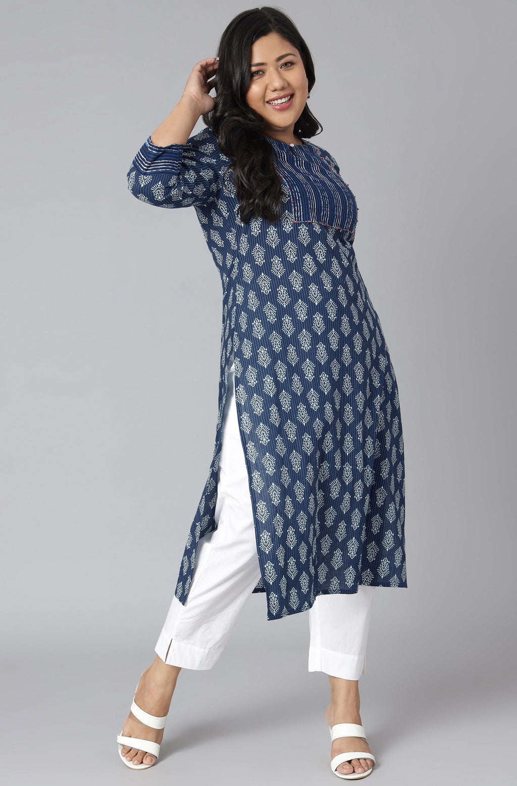 Janasya Women's Blue Cotton Block Print Casual Straight Kurta | Grocsy