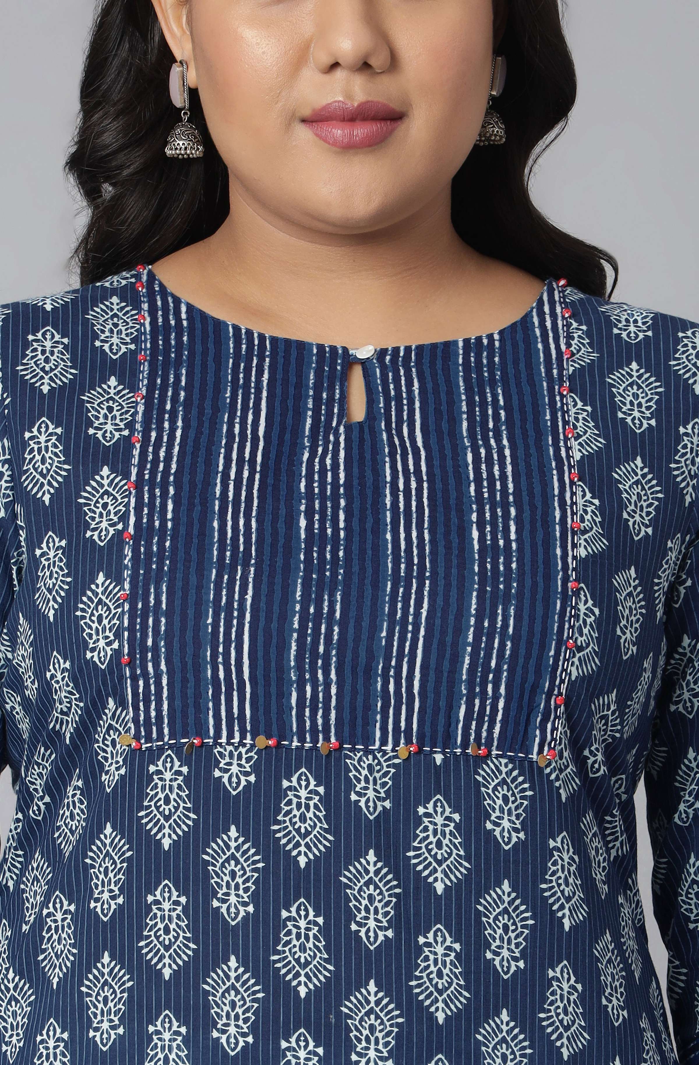 Janasya Women's Blue Cotton Block Print Casual Straight Kurta | Grocsy
