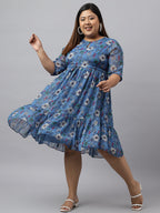 Janasya Women's Blue Poly Georgette Floral Printed Casual Flared Western Dress | Grocsy