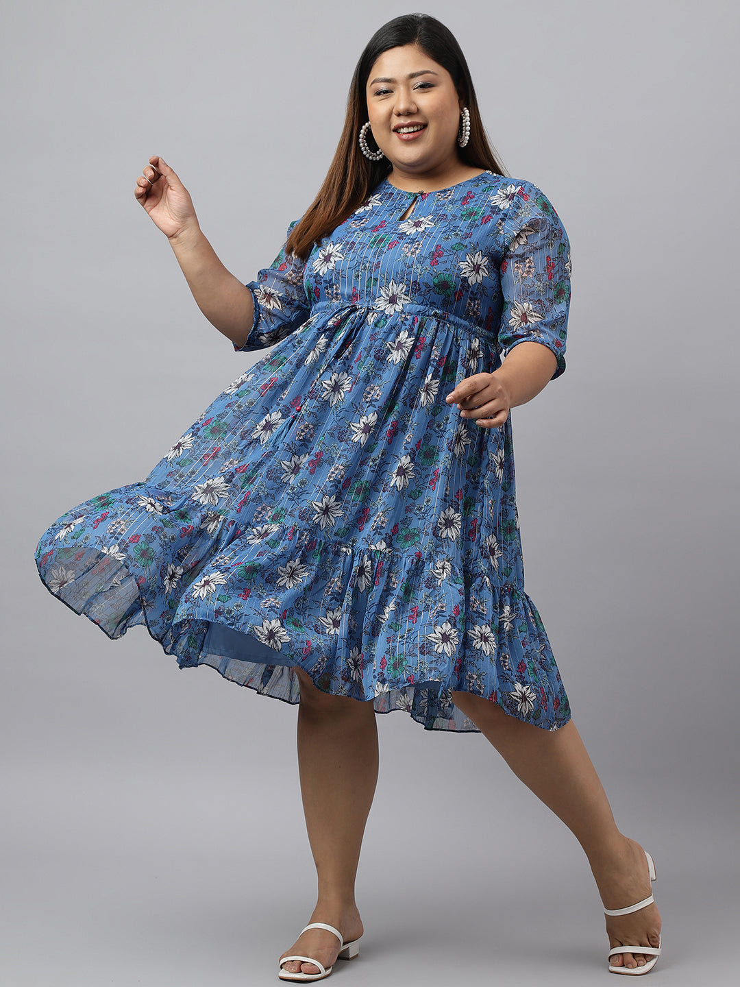 Janasya Women's Blue Poly Georgette Floral Printed Casual Flared Western Dress | Grocsy